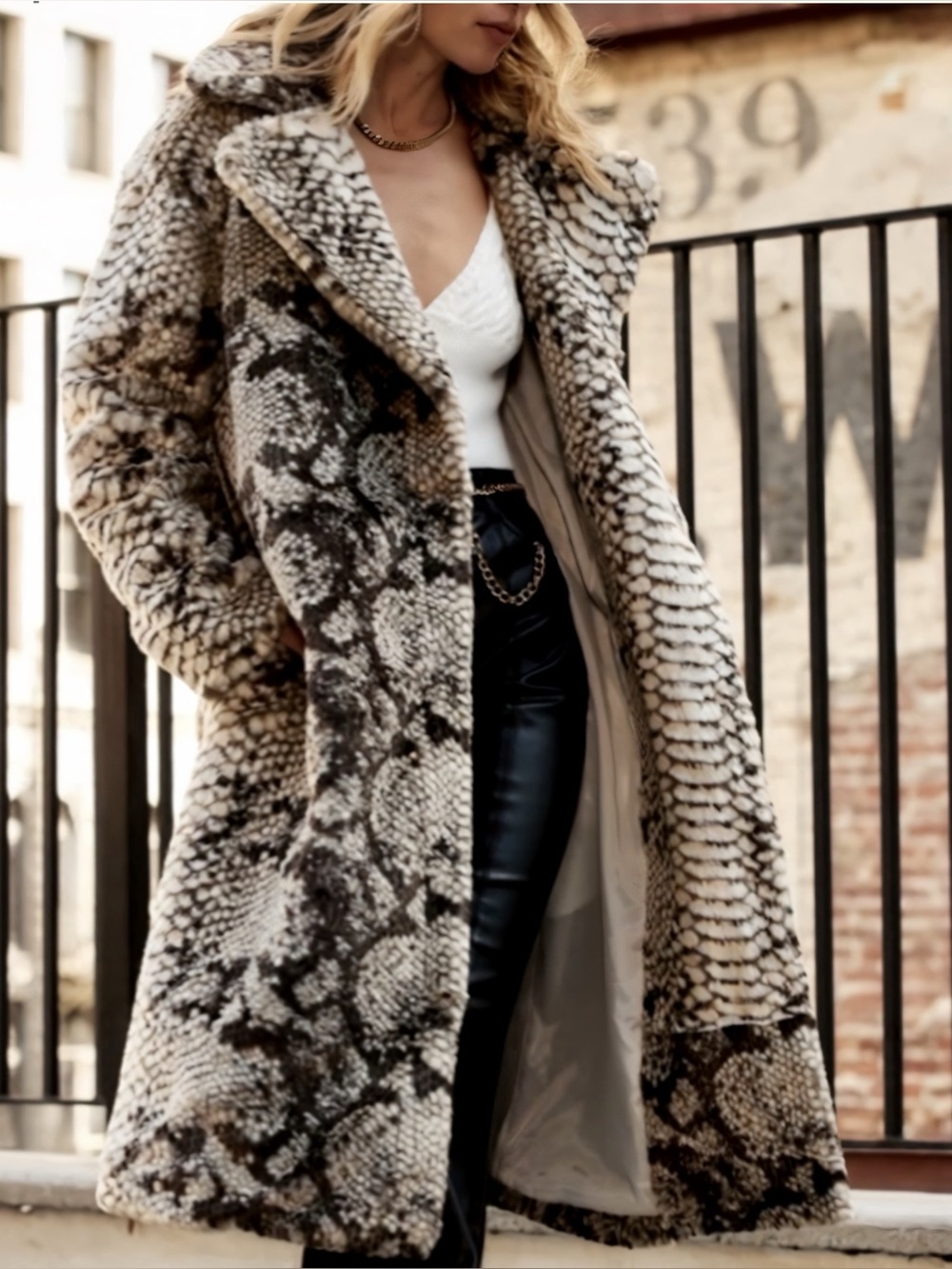 12th Tribe Black and White Snake-Print Faux Fur Long Winter Coat Medium NWOT